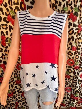 Maui N' Soul 2X Patriotic Stars & Stripes Sleeveless Tank Top USA Red White Blue